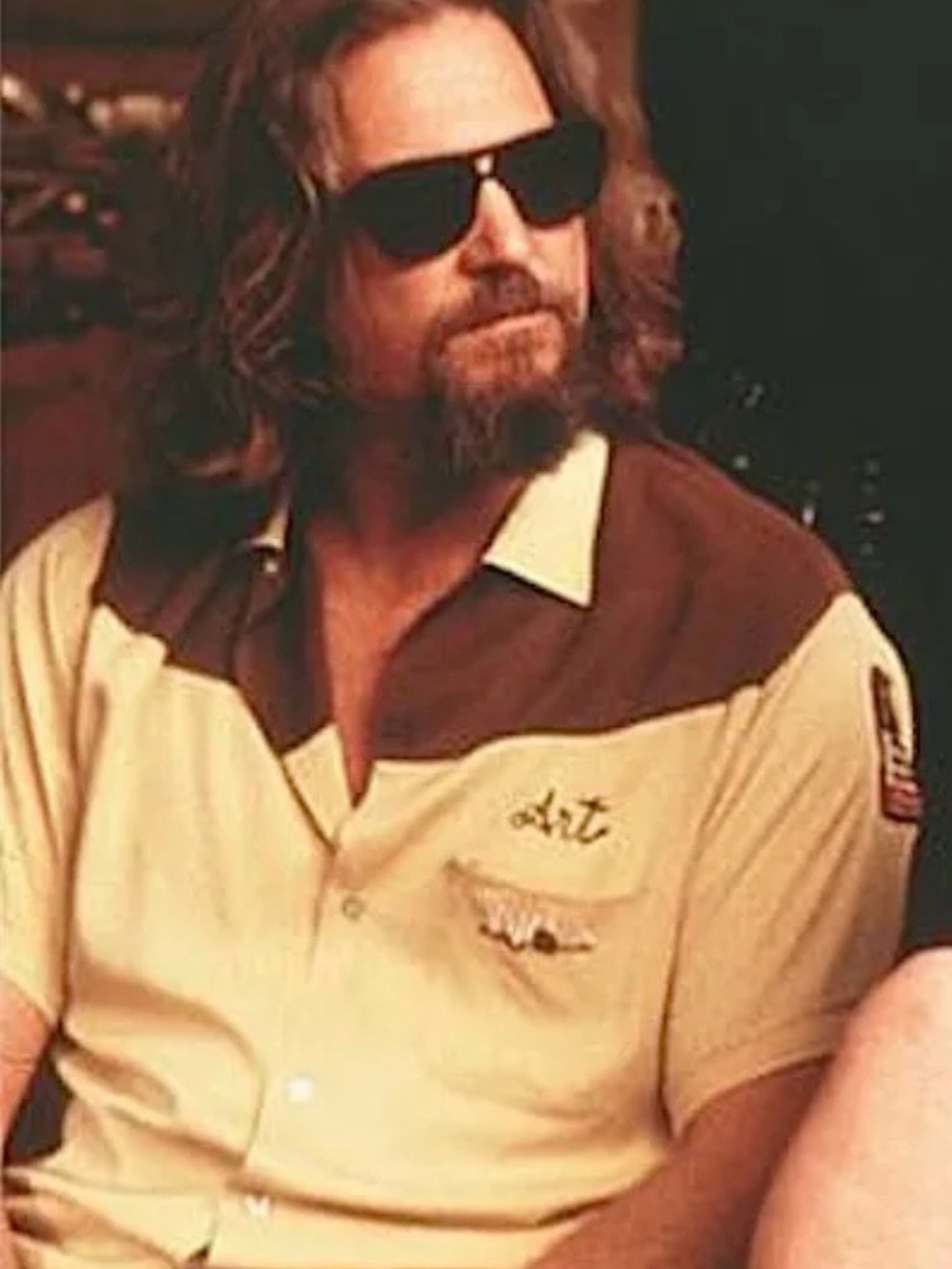 Men's Short-Sleeve Two-Tone Bowling Shirt - Cream & Brown.